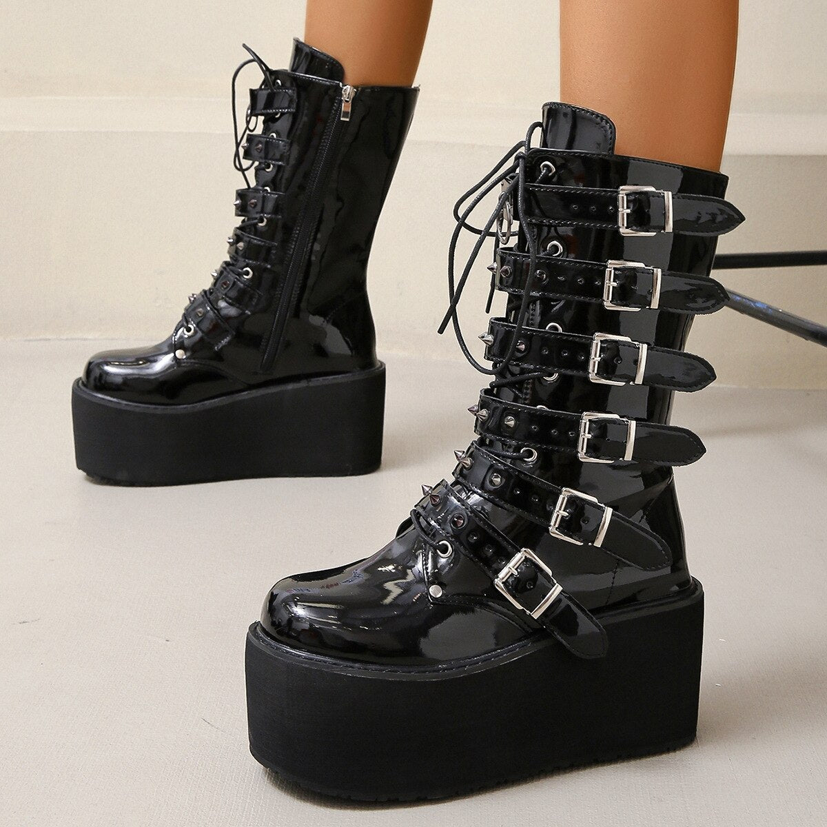 Punk Wind Rivet Mid Barrel Knight Boots Women&#39;s 2023 Autumn/Winter New Thick Sole High Heel Belt Buckle Large 43 Women&#39;s Boots