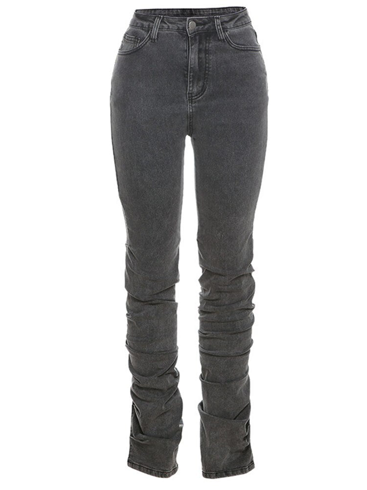 Simenual Grey Split Denim Stacked Pants Zip Up Baddie Style Streetwear Pencil Jeans For Women High Waist Bodycon Ruched Trousers