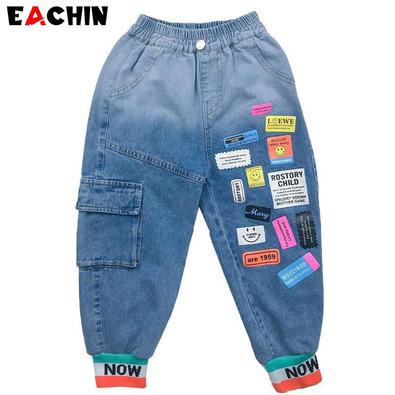 EACHIN Baby Boys Jeans 2023 New Fashion Patchwork Teen Boy Clothes Kids Denim Pants Toddler Sky Blue Jeans Children Casual Pants