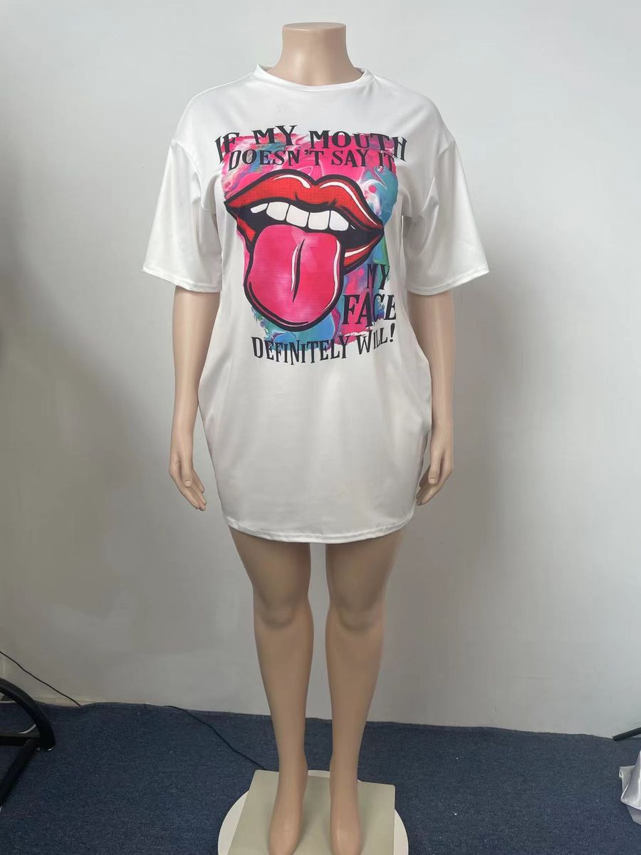 LW Plus Size Dress Lip Letter Print Loose XL-5XL Summer T Shirt Mini Women Outfits