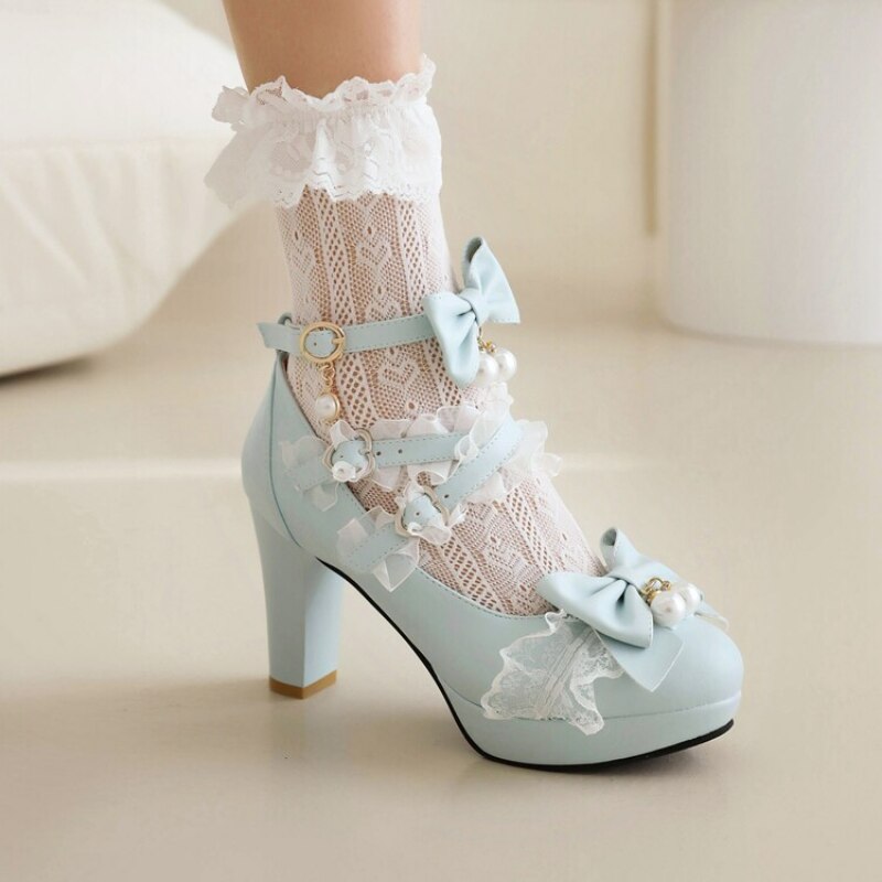 Super High Heeled Sweet Lolita Gothic Style Cosplay Shoes Girls Lovely Bow Tie Fur Ball Women Pumps Lace Cross Strap Shoe Women