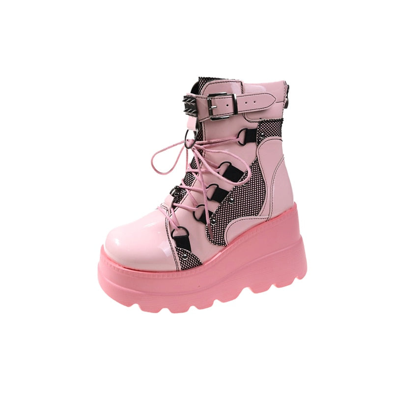 Platform Boots for Women 2023 Wedges Ankle Boots Pink Lace Up Fashion Party Gothic Boots Girls Punk Shoes Winter Women Shoes