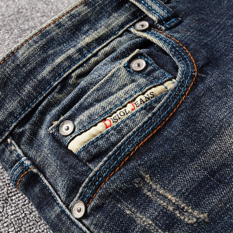 Italian Style Fashion Men Jeans Retro Black Blue Slim Fit Ripped Jeans Men Embroidery Patch Designer Vintage Casual Denim Pants