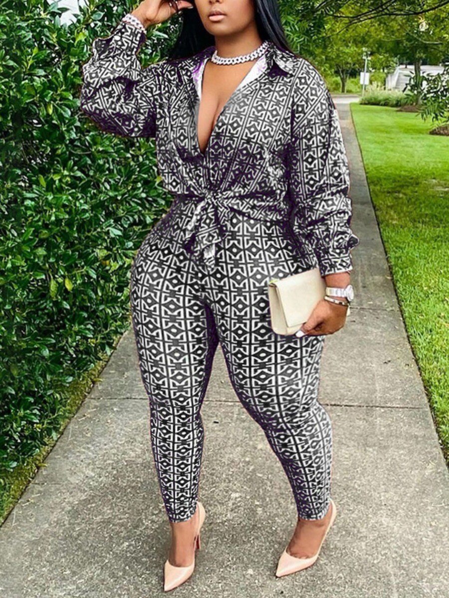 LW Plus Size Geometric Print Bandage Design Pants Set 2 PCS Long Sleeve+trousers set Women Autumn Suit