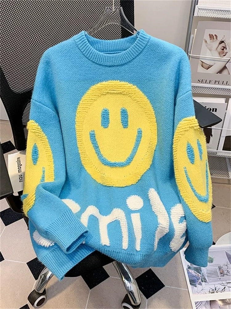 FQLWL Spring Kintted Loose Sweatshirts For Women Blue Smiley And Letter Pattern Long Sleeve O Neck Hoodies Streetwear Female