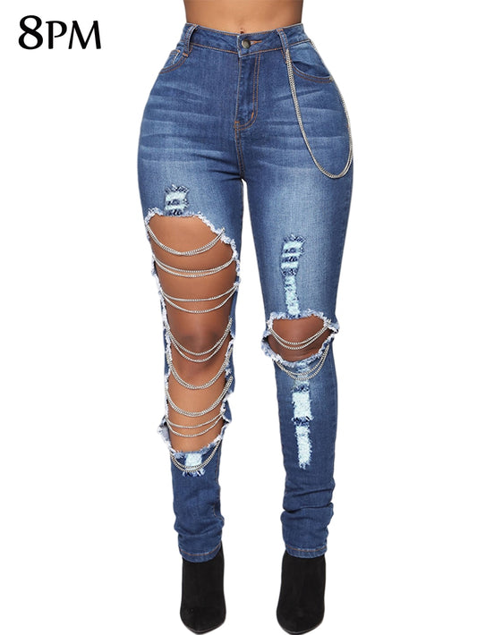 Women&#39;s Boyfriend Jeans Distressed Slim Fit Ripped Denim Pants Comfy Stretch Skinny Jeans Metal Chain Decoration ouc1471