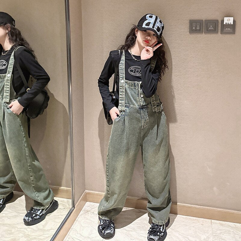 Kids Denim Overalls Autumn Casual Teenage Streetwear School Girls Jeans Fashion Loose Children&#39;s Suspenders Pants 10 12 13 Years