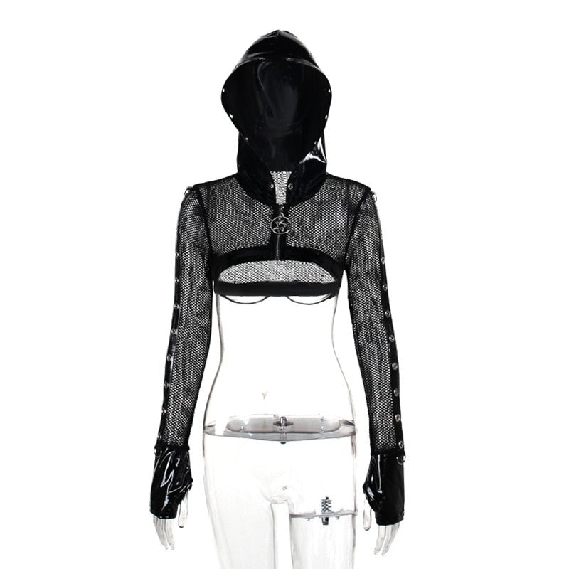 Goth Dark Grunge Punk Fishnet Zip Up Cardigans Mall Gothic Faux Pu Hooded Crop Jackets Women Sexy Streetwear Club Alt Smock Tops