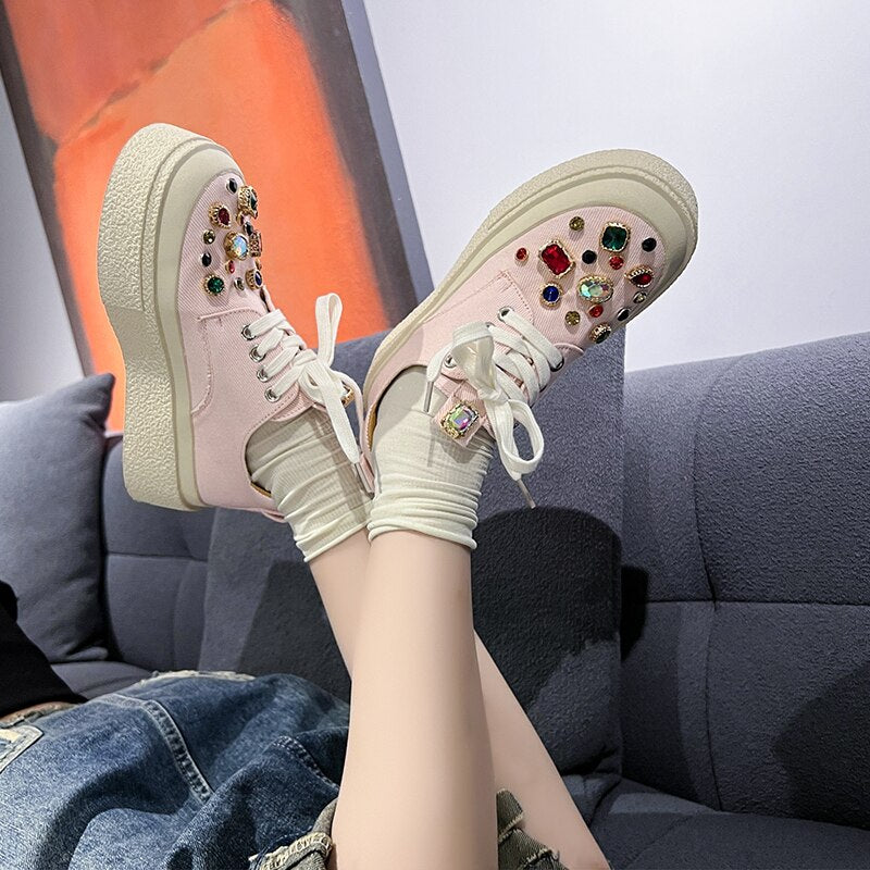 New Womens Round Toe Diamond Crystal Rainbow Colors Sneakers Flats Loafers Slip on Shoes Luxury Shoes Kawaii Shoes Zapatos Mujer