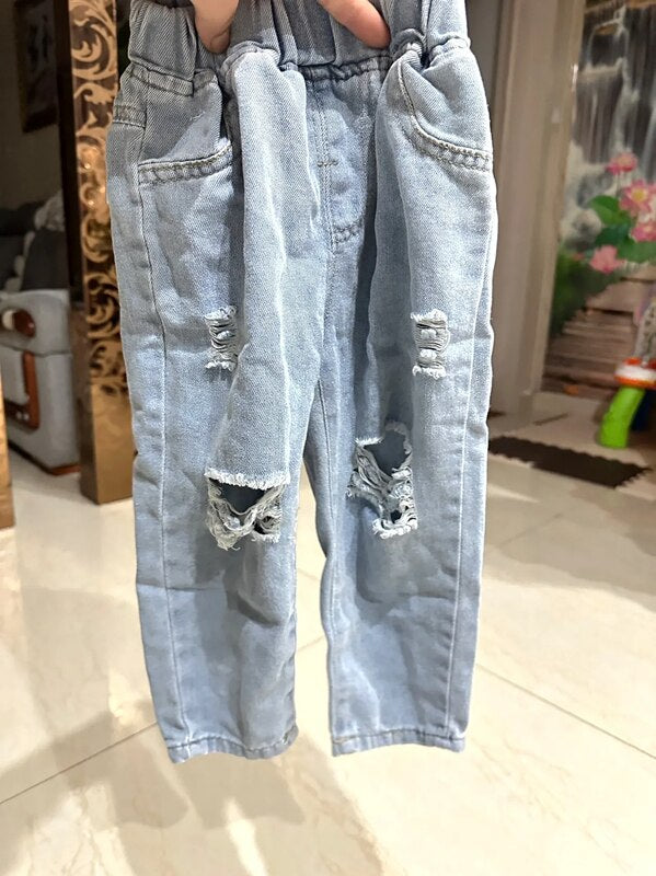 90-140cm Fashion Autumn Summer Kids Hole Trousers Children Boy Handsome Torn Patch Jeans Girls Pants Worn Jeans for Loose 청바지