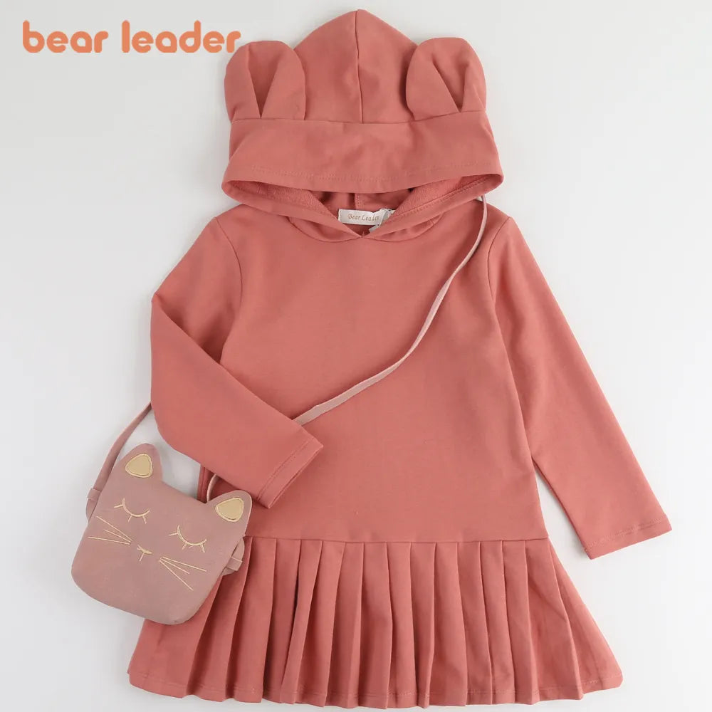 Bear Leader Girls Dress New Brand Baby Girls Blouse Rabbit Ears Hooded Ruched Long Sleeve Children Clothing Dress Girls Clothes