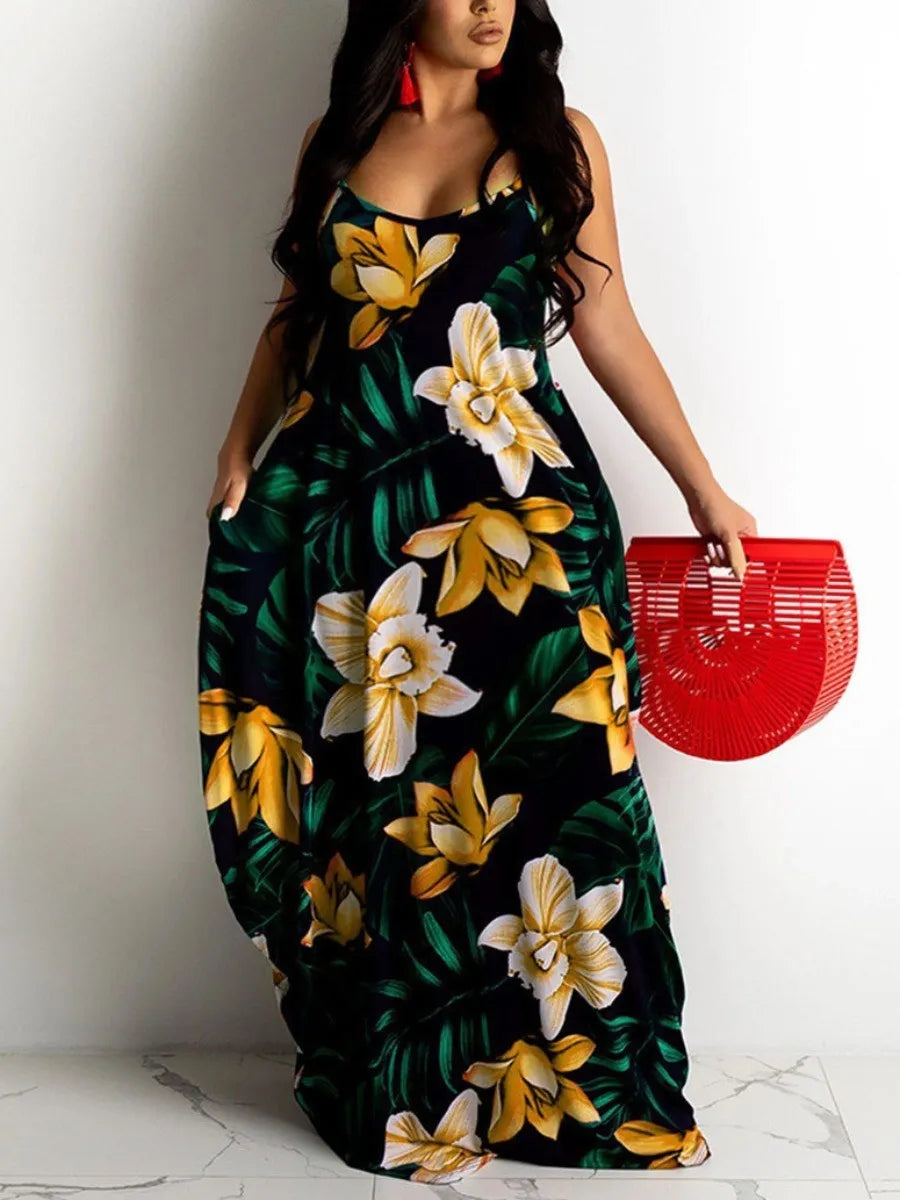 LW Plus Size Boho U Neck Floral Print Yellow Floor Length Dress 2023 NEW summer Spaghetti Strap Long Dress Elegant Maxi Vestidos