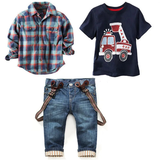 children's clothing sets for spring boy suit with long sleeves plaid shirts + car printing t-shirt + jeans 3pcs kids Suit Fall