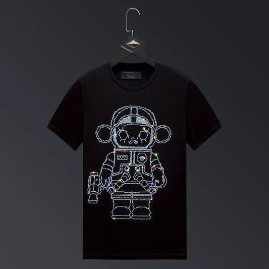 2023 Summer New Trend T Shirts Men Fashion Clothing Robot Rhinestones O Neck Short Sleeve Slim Casual Mens T-shirt Plus Size 6XL