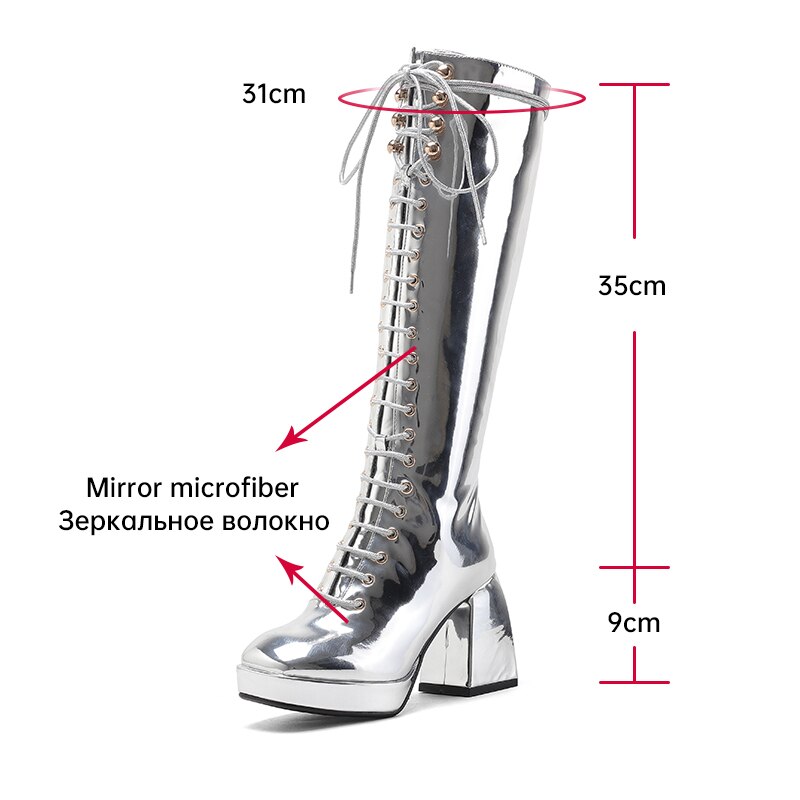 ODS Silver Mirror Punk Rock Gothic Cosplay Knee High Boots Women Block Heels Lace Up Knight Riding Motorcycle Winter Shoes 43 46