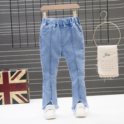 Kids Girls Denim Jeans Pants Spring Autumn Trousers Elastic Waistband Tassel Hem Bell-bottom Style Long Pants 90-130