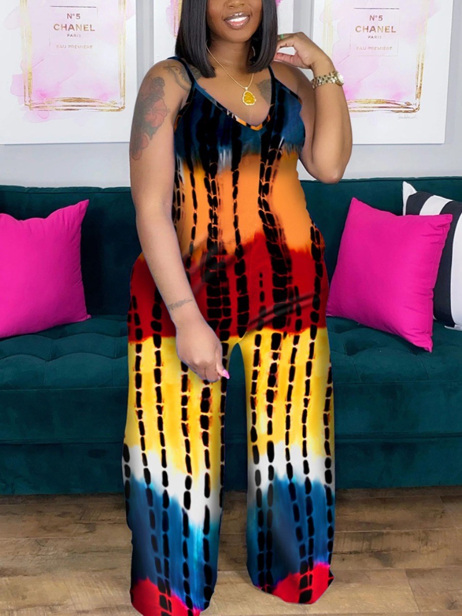 LW Plus Size Casual Tie-dye Pocket Design One-piece Jumpsuit Women Loose Jumpsuits Summer Deep V Neck Sleeveless Jumpsuits