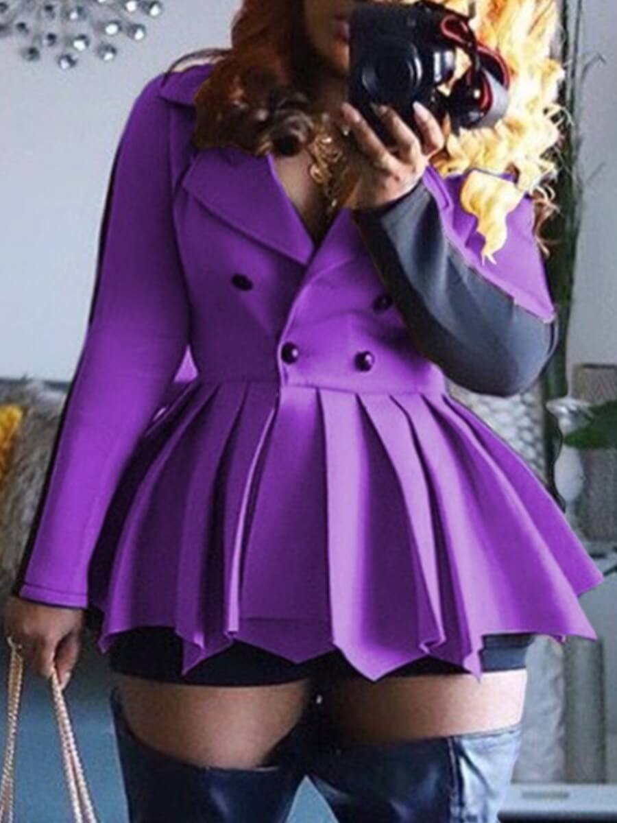 LW Plus Size Lapel Neck Pleated Blazer Dress Women Autumn Long Sleeve Elegant A Line Short Pleated Mini Dress (Without Belt)