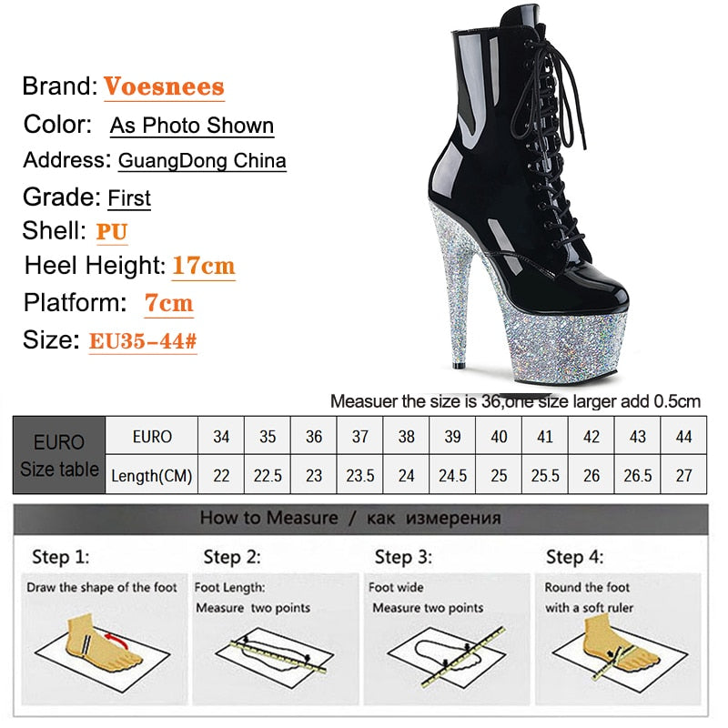 Patchwork Bling Sexy Women&#39;s Ankle Boots Thin Heels 17CM Sequined Round Toe Lace-up Short Boots Gothic Style Pole Dancing Shoes