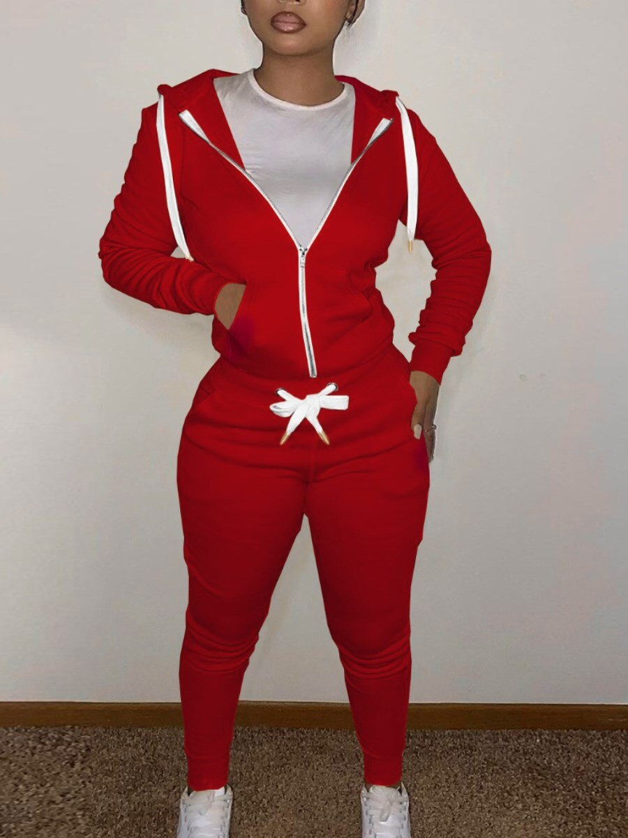 LW Simple Two Piece Set Women Casual Sporty Long Sleeve Zipper Design Top Hooded Collar Broken Heart Print Female Tracksuit Set