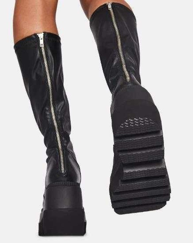 Thick Bottom Women&#39;s Boots Autumn New Muffin Soled Soft Leather Mid-calf Boots Punk Style Women Black Riding Boots Platform Shoe