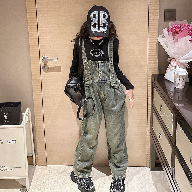 Kids Denim Overalls Autumn Casual Teenage Streetwear School Girls Jeans Fashion Loose Children&#39;s Suspenders Pants 10 12 13 Years