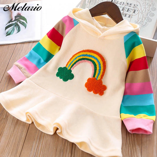 Melario Girls Dress Autumn Long Sleeve Rainbow Striped Princess Dresses for Girl Kids Dress Casual Children Clothing