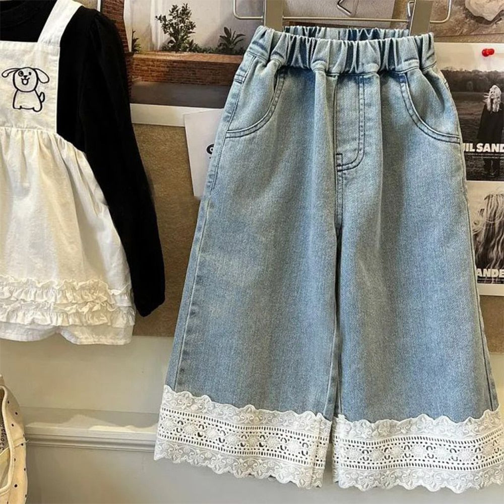 Bear Leader Girls Straight Lace Jeans Summer Children's Versatile Wide Leg Pants Sweet Casual Pants Fashion Girl Jeans Clothes