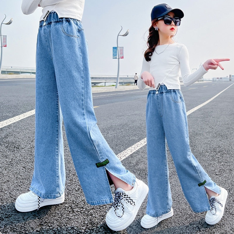 Baby Girl Wide Leg Jeans Kids Girls Denim Pants Children Outwear Long Trousers Girl Clothing Fall Spring 90-160