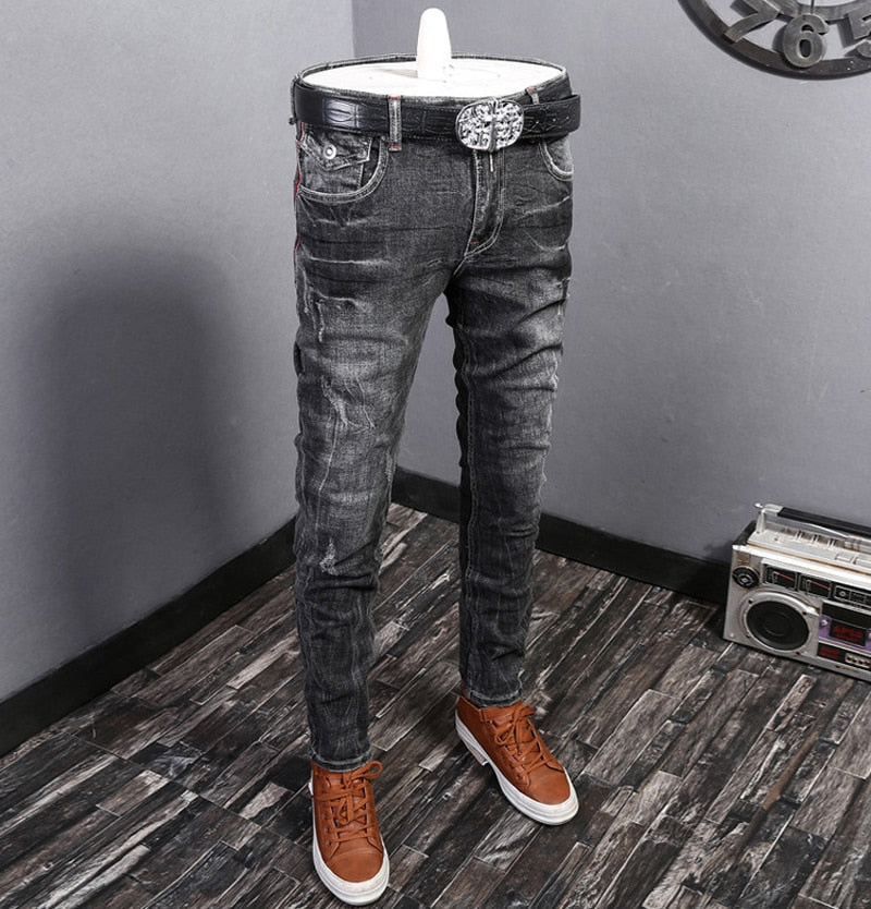 Fashion Streetwear Ripped Jeans Men Retro Blue Elastic Slim Fit Biker Jeans Homme Embroidery Designer Hip Hop Denim Pants Hombre