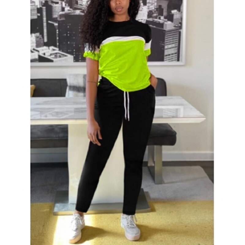 LW Women Two Piece Set Drawstring Pants Set Short Sleeve T shirt Top+Pants Set Ladies Sport Casual tracksuit women two piece set