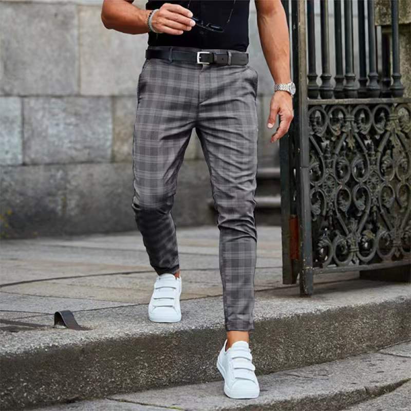 Summer Men&#39;s Plaid Striped Casual Pants Fashion Slim Small Feet Pants Korean Style Light Luxury Handsome Business Small Trousers