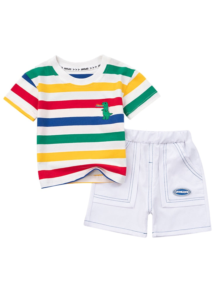 LJMOFA Boy Summer Clothing Suit Kids Toddler Striped T-shirt Short Sleeve +Short Pants Dinosaur Cotton Sportswear Sets 2pcs D430