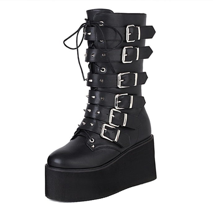 Punk Wind Rivet Mid Barrel Knight Boots Women&#39;s 2023 Autumn/Winter New Thick Sole High Heel Belt Buckle Large 43 Women&#39;s Boots