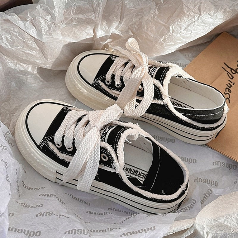 SHANPA Breathable Raw Edge Canvas Shoes for Women White Chic and Elegant Platform Shoes Casual Fashion Comfortable New Footwear