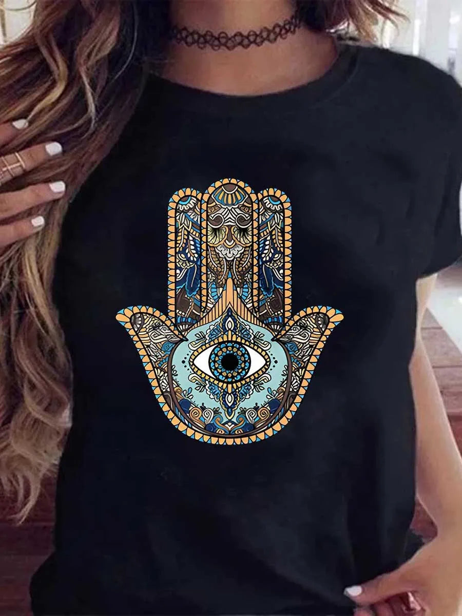 LW Plus Size Hamasa Hand Eye Print T-shirt summer Casual T-shirt Women&#39;s Plus Geometric Print Short Sleeve Fashion Graphic Tee