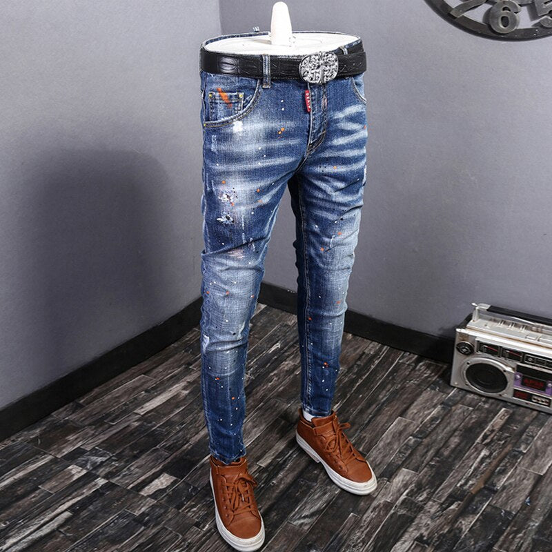 Fashion Streetwear Ripped Jeans Men Retro Blue Elastic Slim Fit Biker Jeans Homme Embroidery Designer Hip Hop Denim Pants Hombre