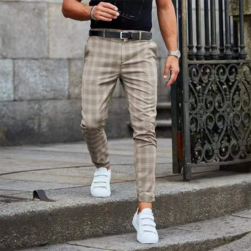 Summer Men&#39;s Plaid Striped Casual Pants Fashion Slim Small Feet Pants Korean Style Light Luxury Handsome Business Small Trousers