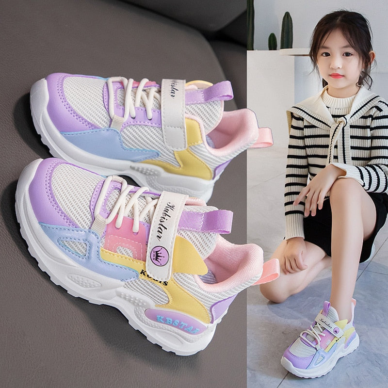 Kids Spring Sneakers Girls School Casual Shoes Outdoor Breathable Running Shoes Light Soft Tenis Pink Non-slip Children Shoes