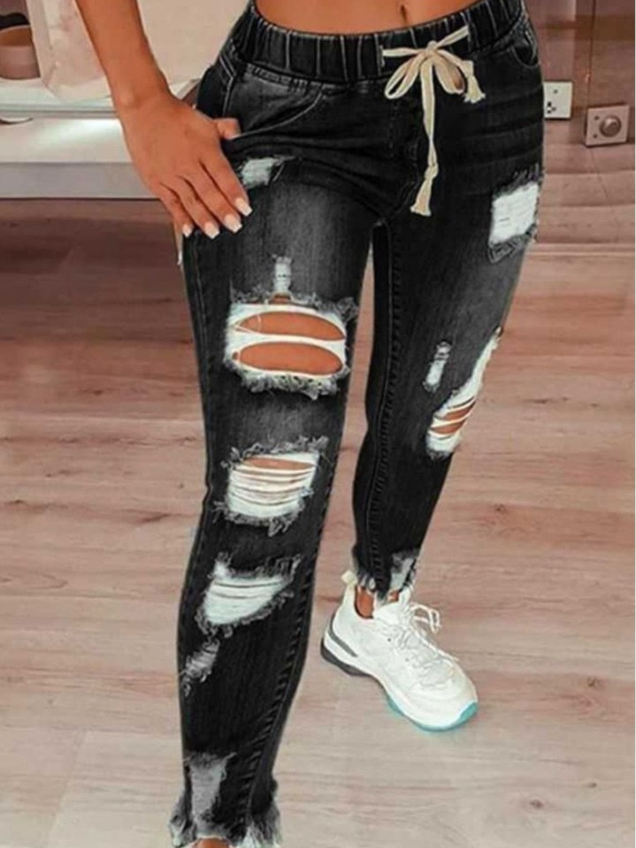 LW High Stretch Drawstring S-5XLClassic Distressed Ripped Raw Edges Hem Jeans Zipper Fly Solid Holes Fashion Denim Streetwears