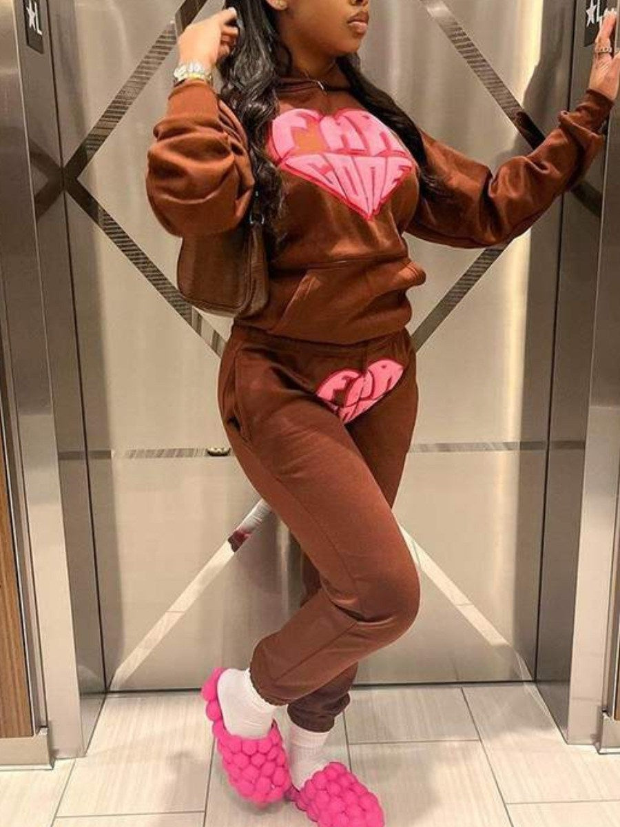 LW Letter Heart Print Kangaroo Pocket Tracksuit Set Hoodie+Sweatpants Women 2 Piece Pants Suits For Women Autumn Winter 2pc