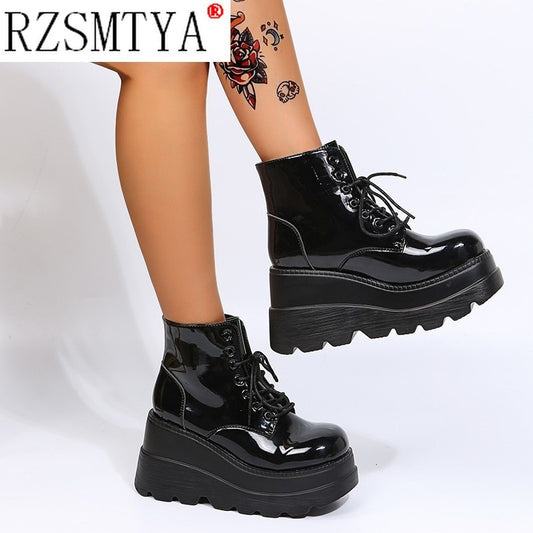 Brand Design Street Cool Fashion Black Gothic Style Boots High Heels Platform Wedges Woman Shoes Casual Ankle Boots Big Size