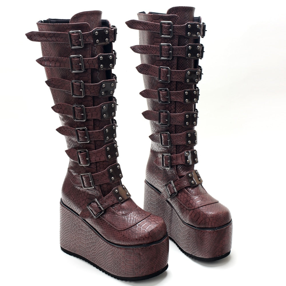 11CM High Heel Platform With Bukled Straps Damned Gothic Knee Boots Serpentine Print