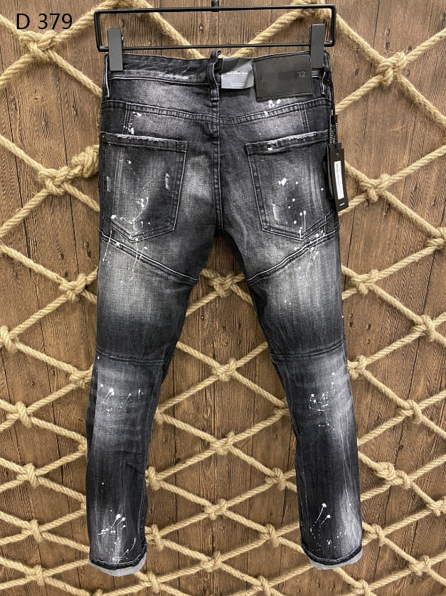 D379 Perforated Diamond Embedding Elastic Wash Small Feet Tight Black Grey D Jeans Men&#39;s and Women&#39;s Pants