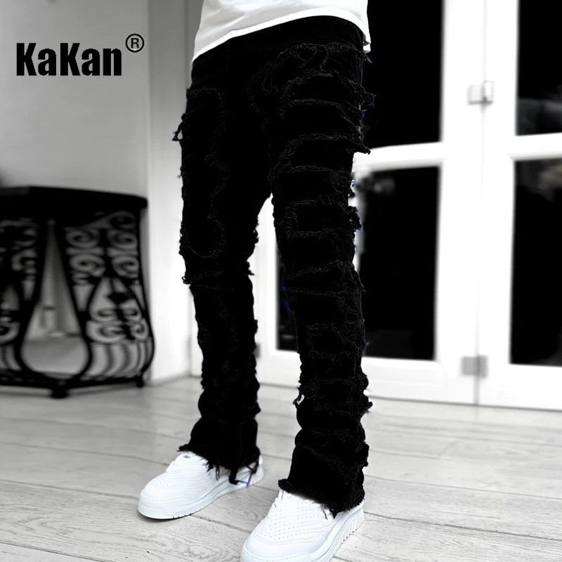 Kakan - New European and American Heavyweight Streetwise Stretch Patch Jeans for Men, High Street Straight Fit Long Jeans16-3001