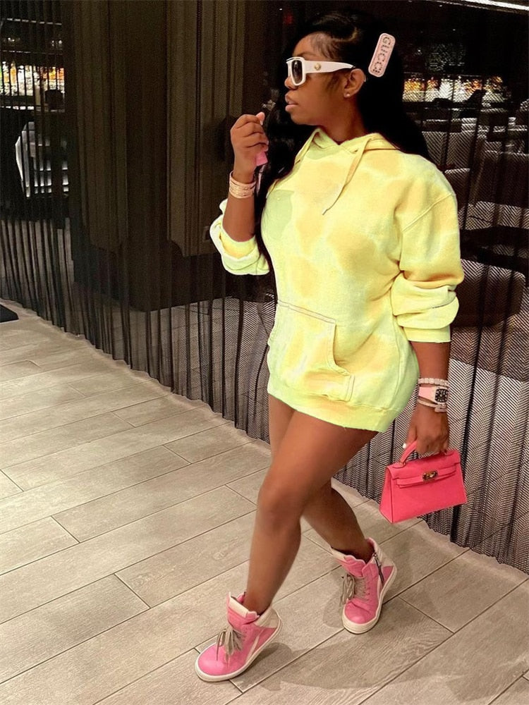 FQLWL Pink Tie Dey Autumn Long Sleeve Hoodies Streetwear Y2k For Women 2023 Fashion Yellow Pocket Loose Hooded Sweatshirts