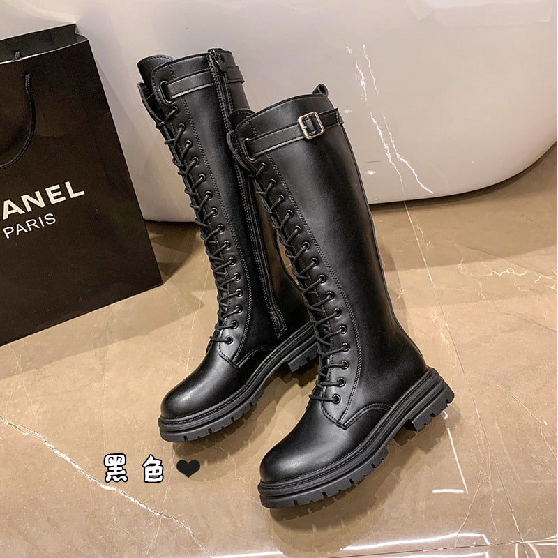 Plus Size Autumn Winter Knee High Boots Women Fashion Buckle High Tube PU Leather Boots Woman Zipper Low Heels Long Botas Mujer