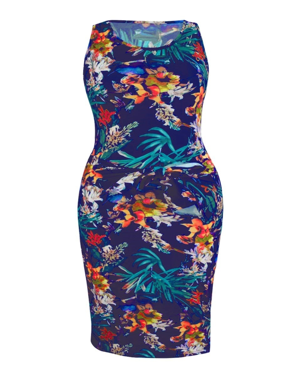 LW Plus Size Summer Low Neck Dress Floral Print Bodycon Cami Dress Sleeveless Tank Top Bodycon Mini Club Dress Dresses