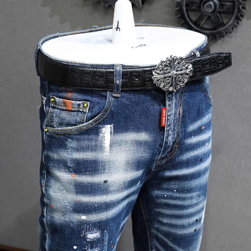 Fashion Designer Men Jeans Retro Blue Stretch Slim Fit Painted Ripped Jeans Men Korean Style Vintage Casual Denim Pants Hombre