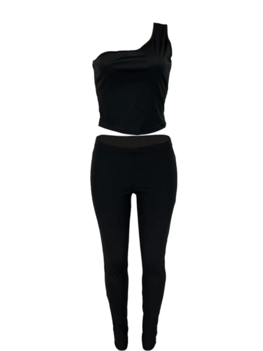 LW One Shoulder Crop Top Pants Set Casual Solid Slim Stretch Two Piece Sets sexy Women Sports Crop Top+High Waist pants set